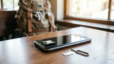 Smartphone with SIM card tray open and nano SIM card for China travel connectivity